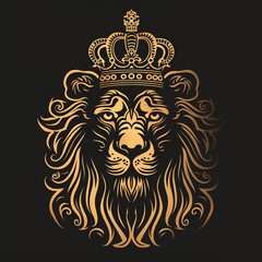 Obraz premium A regal lion's head, adorned with a golden crown, is depicted in profile, showcasing intricate details and symbolizing power, courage, and royalty.