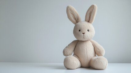 Obraz premium Plush bunny toy on a plain white surface with a soft background.