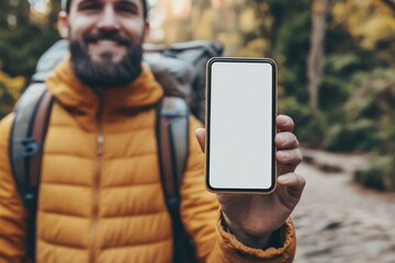 Traveler Holding Smartphone with White Screen Outdoors