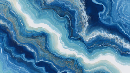 Fototapeta premium A captivating aerial view of an oceanic landscape, showcasing the intricate patterns and colors created by swirling blue water in agate clouds. 