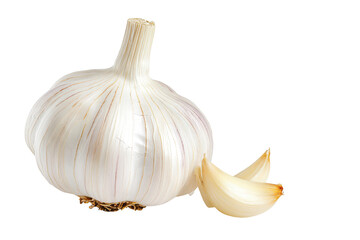 Whole garlic bulb with two cloves, presented on a transparent background