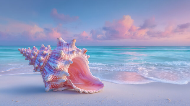 A pink conch shell on the white sandy beach of a tropical island at sunset, with pastel purple and blue hues in the sky and turquoise sea. 