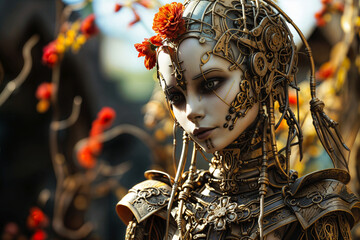 Woman Robot with Flowers. Elaborate steampunk style, decorative machine details. Artistic portrait of femalelike android.