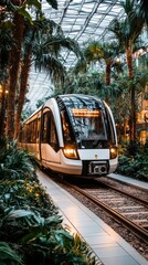 Naklejka premium Modern Train Traveling Through a Lush Indoor Tropical Garden