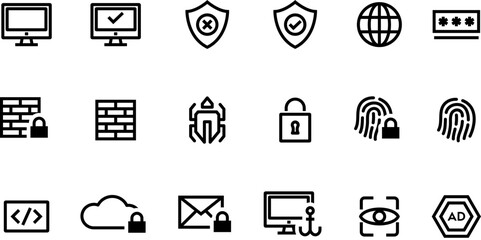 Cybersecurity Icons Pack Firewall, Fingerprint, Encryption, Cloud Security, Malware, Lock, and Phishing Symbols