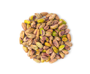 Fried salt pistachio nuts isolated. Baked pistachios pile, roasted green pistache fruits on white
