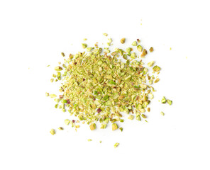 Fried salt pistachio nuts isolated. Baked pistachios pile, roasted green pistache fruits on white