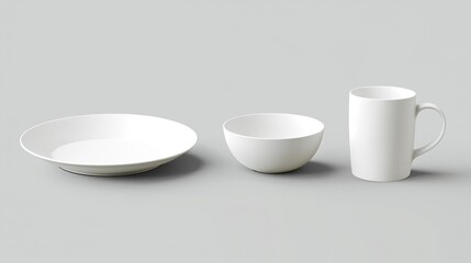 Minimalist white ceramic tableware with simple shapes on white background.