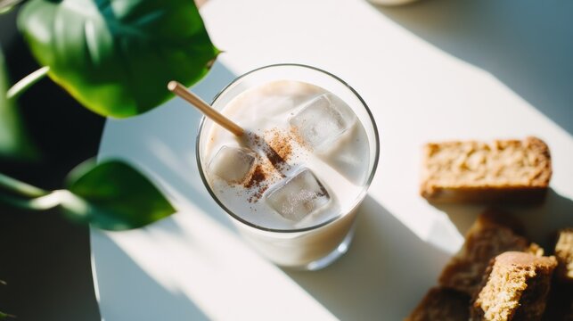 Enjoying a vegan friendly iced latte topped with cinnamon and coffee ice cubes at a sunlit cafe surrounded by lush houseplants - Powered by Adobe