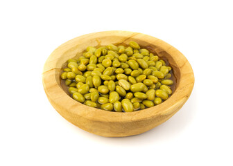 Edamame beans isolated. Green soy bean pile, cooked young soybean, boiled Japanese pea