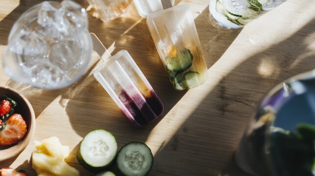 Innovative popsicle flavor combinations featuring beet raspberry ginger, cucumber lime mint, and pineapple cardamom with fresh ingredients on a rustic wooden table