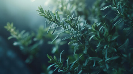 Close-up of lush green herb leaves illuminated by soft light in a tranquil setting