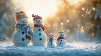 Fototapeta premium Family of four snowmen in winter landscape with falling snowflakes