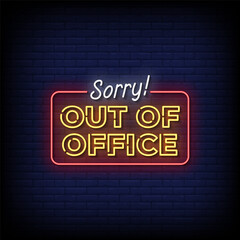 Obraz premium out of office neon sign with brick wall background vector