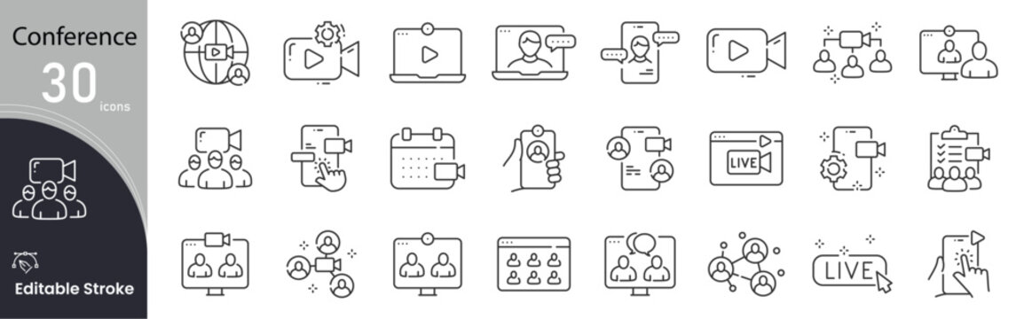 Conference related icon collections. Containing Conference, Meeting, Presentation, Speaker, Audience, Discussion, Seminar, Workshop, Panel, and Networking icons. Editable Stroke. Outline icons