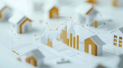 Analyzing rising trends in housing market data with model houses and financial graphs in soft