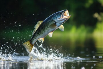 Largemouth bass leaping out of water in action shot