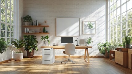 Fototapeta premium A productive workspace with natural light, modern desks, and minimalist decor