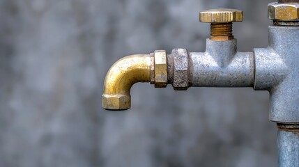 A close-up view of a rusted metal water faucet with a gold-colored spout and a knob on top.