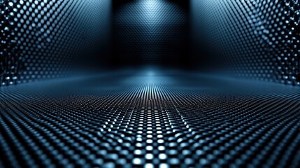 Futuristic blue metallic surface with illuminated dot pattern and depth perspective