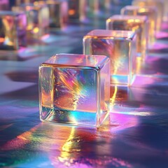 3d abstract glass square shapes in row. Iridescent crystal transparent plates, flying rainbow panels with holographic gradient, dispersion light for ui design, digital tech.