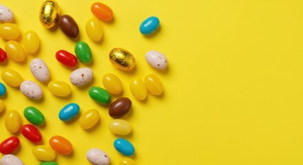 Colorful jelly beans and easter eggs on yellow