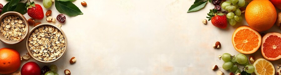 Obraz premium Long banner of breakfast ingredients on a white table, with space for text in the center. On the left side is a bowl of granola and fruits. Background with a copy space area.