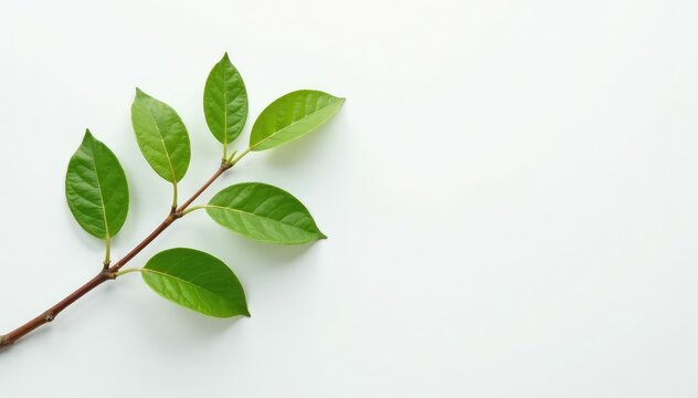 A branch against a crisp white backdrop with soft leafy foliage, texture, wood