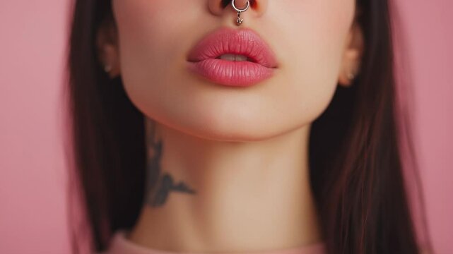 Close-up of model showcasing bold lip makeup and unique septum piercing on pastel background