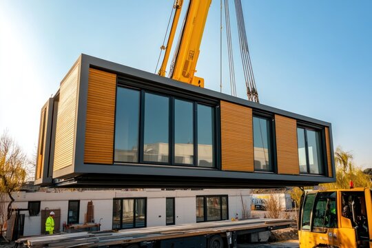 Modular prefab building lifted into place by crane