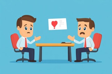 Two cartoon men sitting at a table with a floating love letter on a blue background illustration