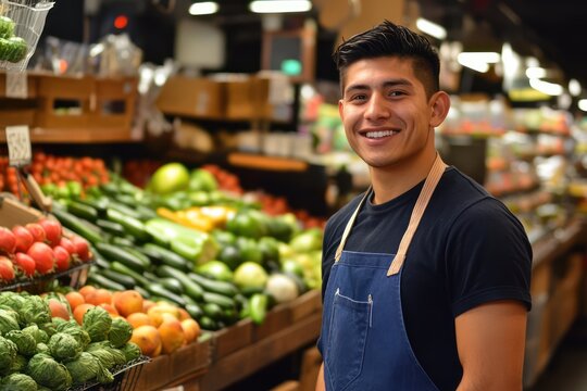 Smiling male grocery worker in produce section