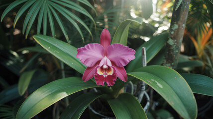 Background of Vibrant Tropical Foliage with Pink and Green Leaves