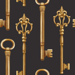 Seamless pattern with gold carved keys decorated with monograms. Retro style, royal atmosphere. Vintage decorations for doors and locks, Gothic, Victorian and classical styles