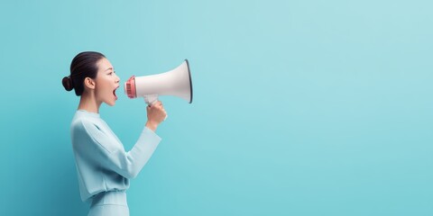Fototapeta premium Woman in Blue Speaking into Megaphone is a premium-quality stock image ideal for use in lifestyle blogs, health content, promotional campaigns, and editorial publications.