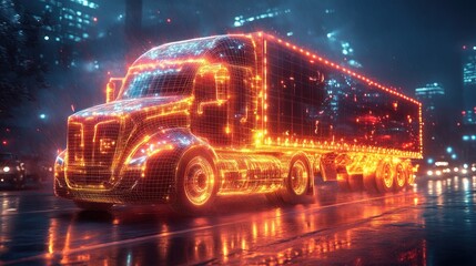 Futuristic truck in a night city