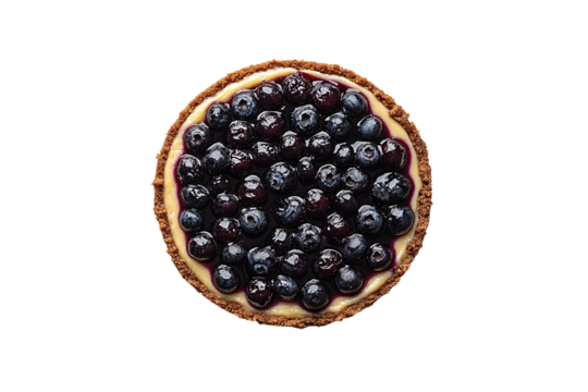 Blueberry tart with glossy fruit topping over creamy filling and crumbly crust, perfectly round and tempting, isolated on a transparent background