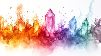 Colorful crystals emerge from vibrant, swirling flames