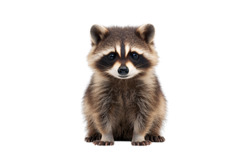 Cute baby raccoon with fluffy fur, large eyes, and tiny paws sitting attentively, isolated on a transparent background