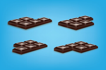 Realistic dark chocolate bars arranged on blue background, perfect for food and dessert concepts.
