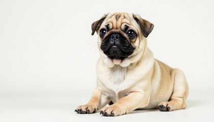 Adorable pug dog sits, isolated on white background, domestic, breed