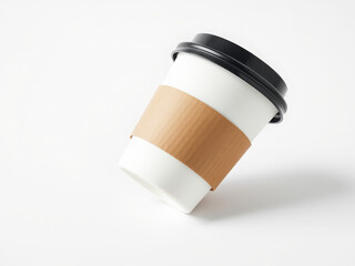 Angled White Takeaway Coffee Cup with Kraft Sleeve and Black Lid Mockup on White Background
