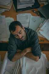  a male office worker in his 30s, sitting at a desk with head down on folded arms, paperwork scattered. 
