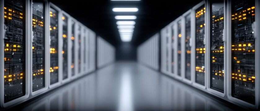 Advanced digital data center corridor illuminated by vibrant orange lights showcasing rows of sleek server racks representing modern data storage technology in a futuristic computing environment