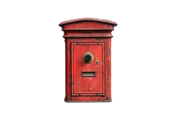 Heavily worn red mailbox with flaking paint, dark patina, circular brass slot, and rectangular mail opening, isolated on a transparent background