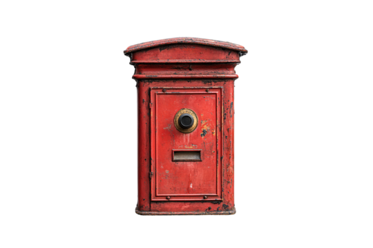 Heavily worn red mailbox with flaking paint, dark patina, circular brass slot, and rectangular mail opening, isolated on a transparent background