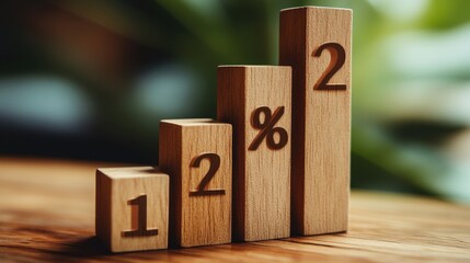 Wooden blocks displaying rising percentages indicating growth and progress