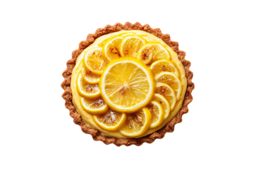 Lemon tart with glistening lemon slices arranged in radiant pattern over bright custard, crunchy edge crust, isolated on a transparent background