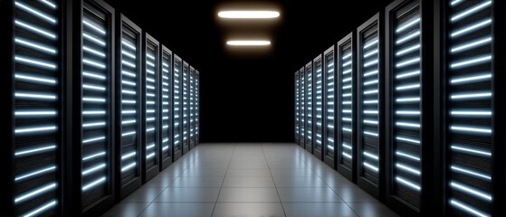 Futuristic server room corridor showcasing advanced technology with illuminated panel lights and sleek design emphasizing digital infrastructure and network efficiency