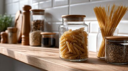  a glass jar with dried pasta and grains on a wooden shelf. Minimalistic kitchen background, white tiles.